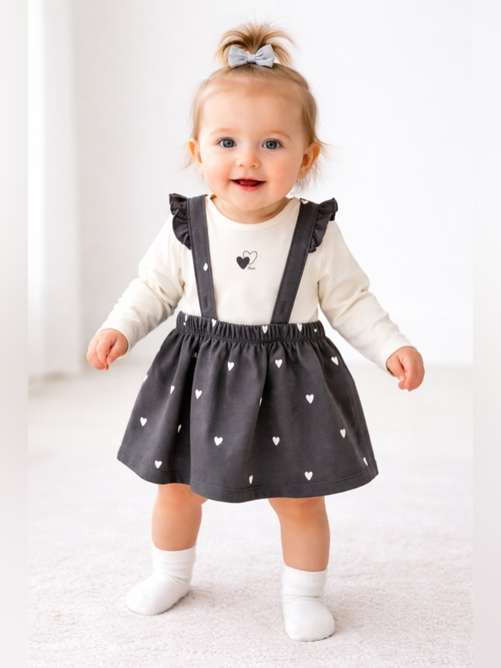 H&M Baby Girl Outfit 9M Heart Suspender Skirt Set Long Sleeve‎ Cute